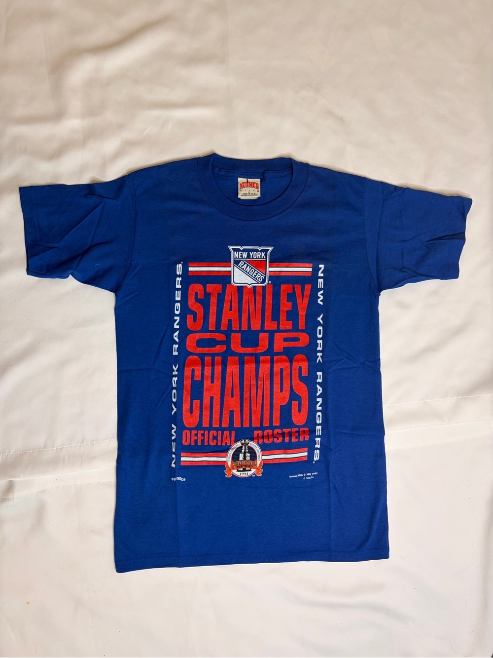 NWOT Vintage Mens M 1994 New York Rangers Stanley Cup Nutmeg T Shirt Double Side